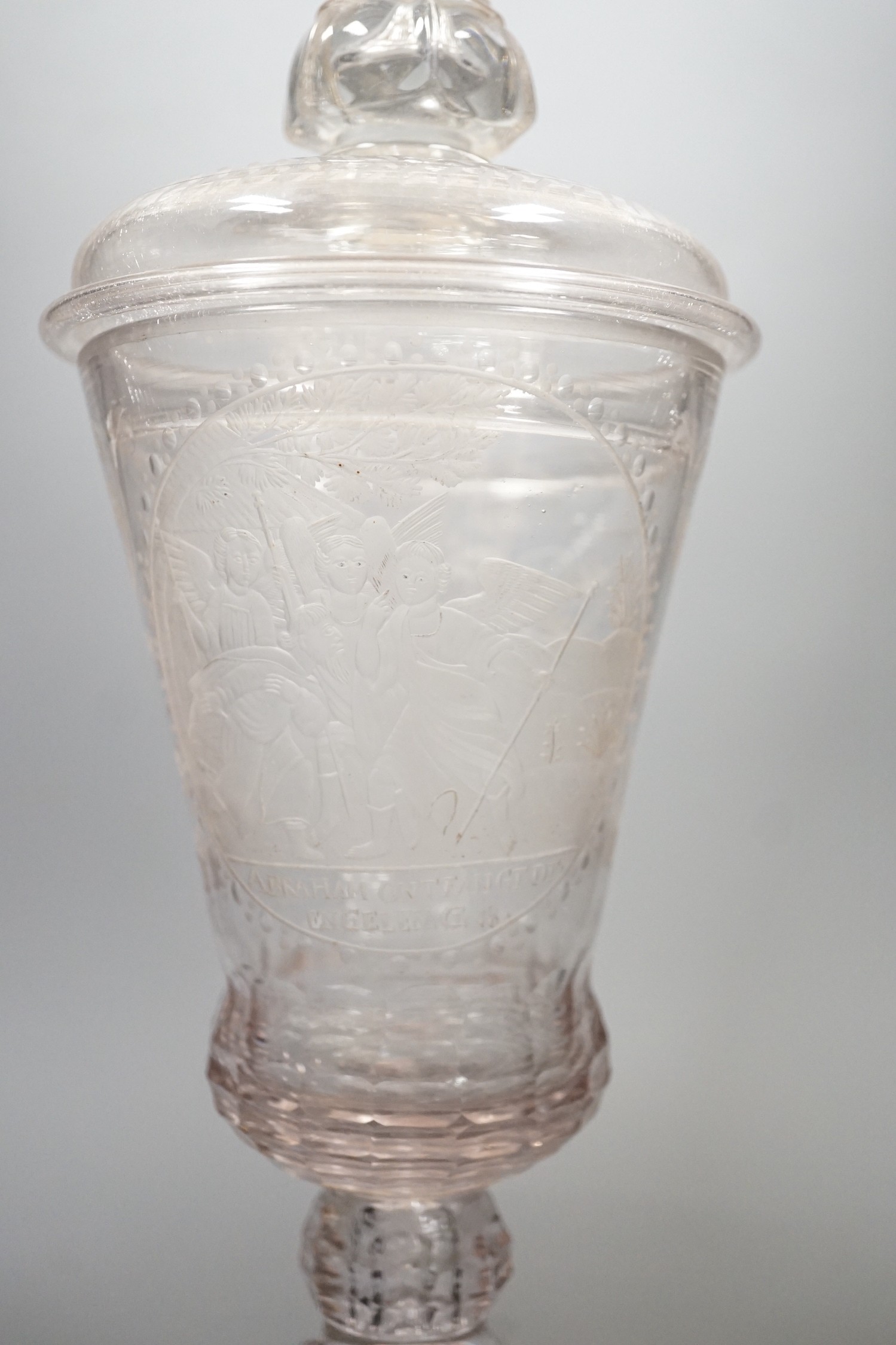 A large 18th century Bohemian goblet and cover, engraved with the angels visiting Abraham, 40cms high